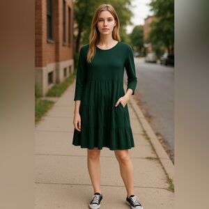 🛍️# 2478 NWT Berydress V-neck Long Sleeve Tiered Ruffle Babydoll Mini w/ Pockets